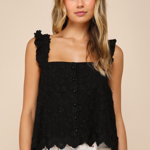 Lulus Cutest Weekend Black 3d Floral Embroidered Tie-back Tank Top - Size L - Picture 1 of 1